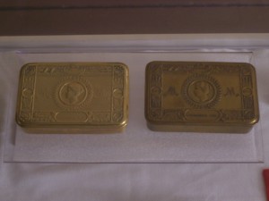 Princess Mary Comfort Box, 1914: Loan, Royal Canadian Legion, Dr. C.B. Lumsden Branch, Wolfville NS These boxes were distributed as Christmas gifts to every person in a uniform of the British Empire in 1914. Princess Mary, then 17 years old, raised over 150 000 pounds sterling to finance the generosity. Included in the boxes was a variety of items from spices to pencils.